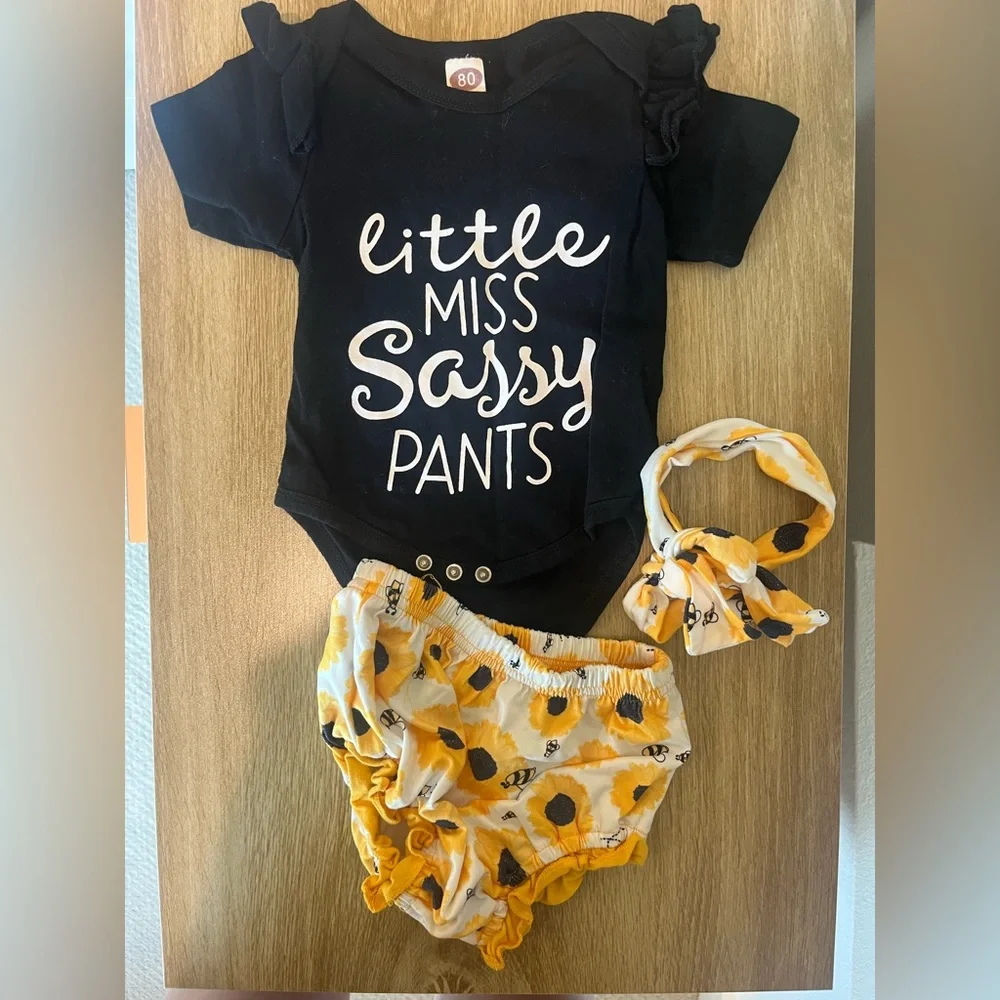 Black and Yellow Sunflower Baby Girl Outfit Set 12m